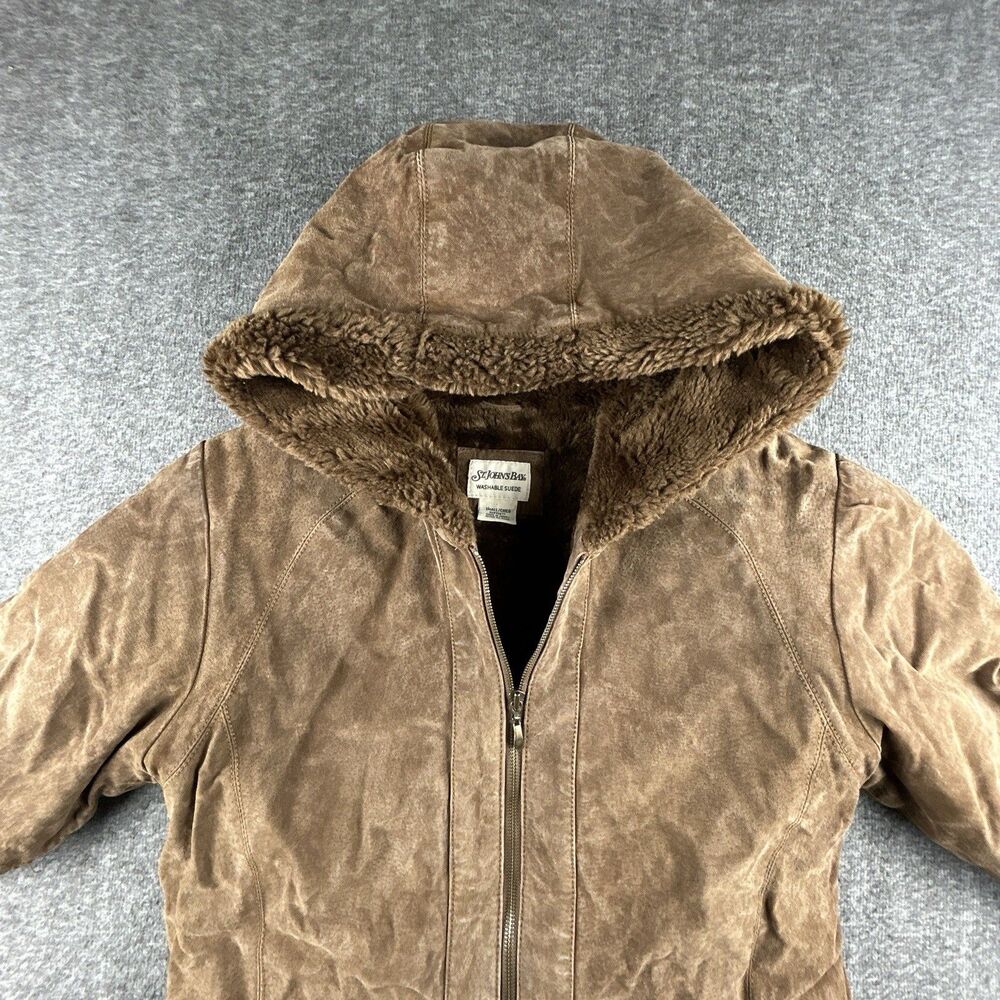 St Johns Bay Washable Suede Coat Womens Sz S 100% Leather Faux Fur Lined Hooded